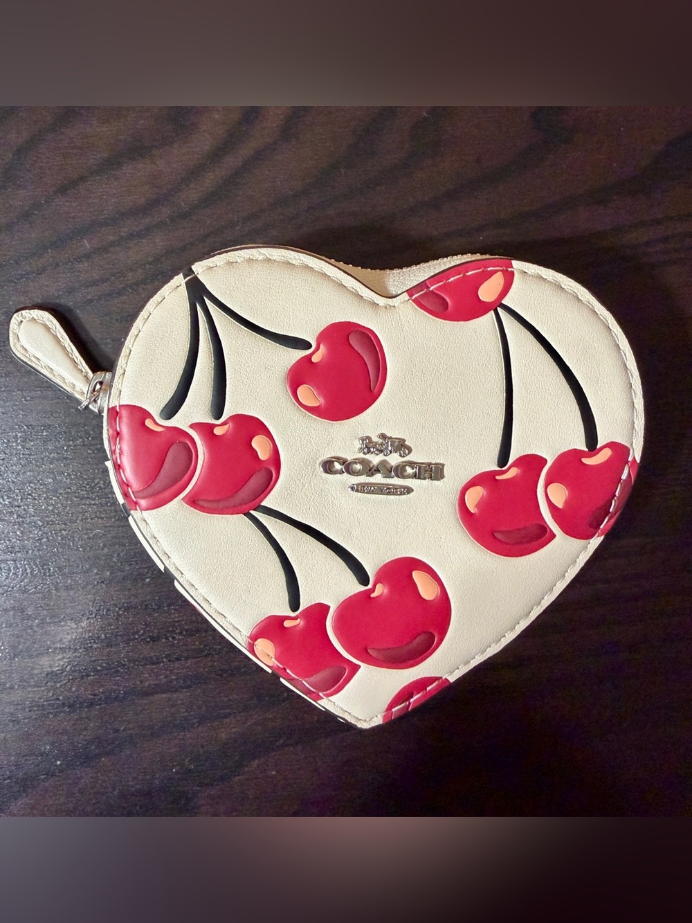 Coach Heart-Shaped Cherry Zip Coin Purse - Cream & Red